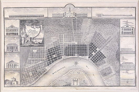 Printed in the United States in 1825, this map shows the city and suburbs of New Orleans according to an 1815 survey conducted by Jacques Tanesse. City maps are sought after by collectors and historians, and this plan framed by vignettes of city buildings sold for $16,133 at Neal’s in 2011. Image courtesy Neal Auction Galleries.